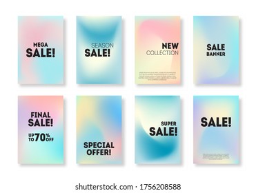 Holographic sale banner collection. Pastel fluid color gradient design