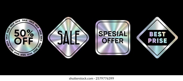 Holographic sale stickers icons badges set with promotional text on a black background Vector illustration.Sale Tags iridescent design for e-commerce, advertising, fashion sales, and digital marketing