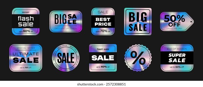 Holographic Sale Stickers set. Labels with holographic Neon effect. Shiny rainbow promotion emblems. Isolated Vector Illustration