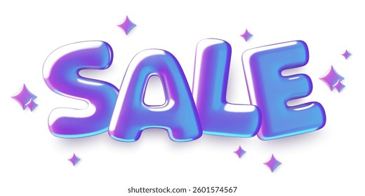 Holographic sale word 3d render with sparkles. inflated cartoon letters with realistic shadow. Vector illustration.