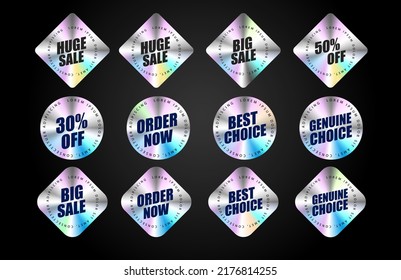 Holographic Sales stickers. Hologram labels of different shapes. Sticker shapes for design mockups. Holographic textured stickers for preview tags, seals, and labels. Vector illustration