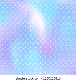 Holographic scale background with gradient mermaid. Bright color transitions. Fish tail banner and invitation. Underwater and sea pattern for girlie party. Rainbow backdrop with holographic scale.