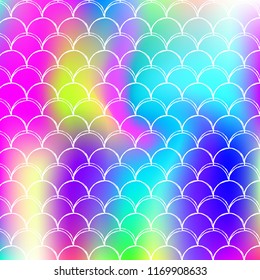 Holographic scale background with gradient mermaid. Bright color transitions. Fish tail banner and invitation. Underwater and sea pattern for girlie party. Futuristic backdrop with holographic scale.