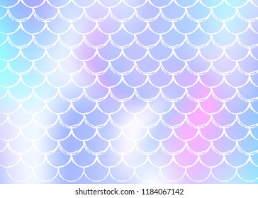 Holographic scale background with gradient mermaid. Bright color transitions. Fish tail banner and invitation. Underwater and sea pattern for girlie party. Neon backdrop with holographic scale.