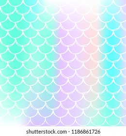 Holographic scale background with gradient mermaid. Bright color transitions. Fish tail banner and invitation. Underwater and sea pattern for girlie party. Creative backdrop with holographic scale.