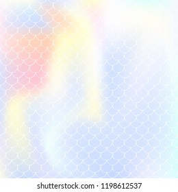 Holographic scale background with gradient mermaid. Bright color transitions. Fish tail banner and invitation. Underwater and sea pattern for girlie party. Plastic backdrop with holographic scale.