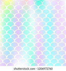 Holographic scale background with gradient mermaid. Bright color transitions. Fish tail banner and invitation. Underwater and sea pattern for girlie party. Futuristic backdrop with holographic scale.
