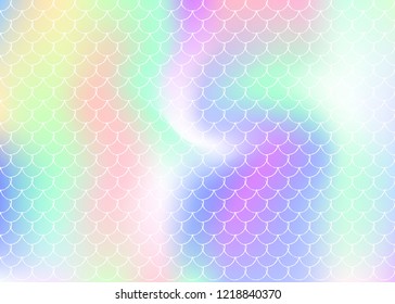 Holographic scale background with gradient mermaid. Bright color transitions. Fish tail banner and invitation. Underwater and sea pattern for girlie party. Trendy backdrop with holographic scale.