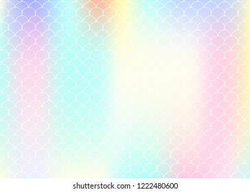 Holographic scale background with gradient mermaid. Bright color transitions. Fish tail banner and invitation. Underwater and sea pattern for girlie party. Multicolor backdrop with holographic scale.