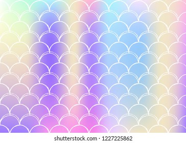 Holographic scale background with gradient mermaid. Bright color transitions. Fish tail banner and invitation. Underwater and sea pattern for girlie party. Hipster backdrop with holographic scale.