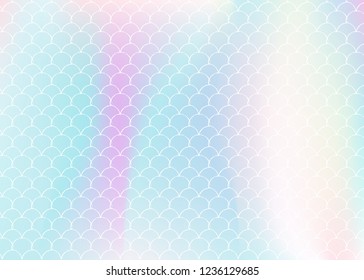 Holographic scale background with gradient mermaid. Bright color transitions. Fish tail banner and invitation. Underwater and sea pattern for girlie party. Colorful backdrop with holographic scale.