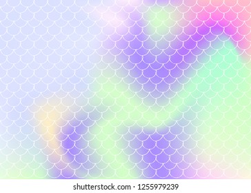 Holographic scale background with gradient mermaid. Bright color transitions. Fish tail banner and invitation. Underwater and sea pattern for girlie party. Bright backdrop with holographic scale.