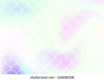 Holographic scale background with gradient mermaid. Bright color transitions. Fish tail banner and invitation. Underwater and sea pattern for girlie party. Retro backdrop with holographic scale.