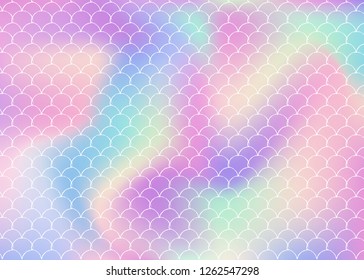 Holographic scale background with gradient mermaid. Bright color transitions. Fish tail banner and invitation. Underwater and sea pattern for girlie party. Trendy backdrop with holographic scale.