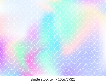 Holographic scale background with gradient mermaid. Bright color transitions. Fish tail banner and invitation. Underwater and sea pattern for girlie party. Vibrant backdrop with holographic scale.