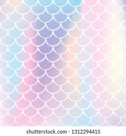 Holographic scale background with gradient mermaid. Bright color transitions. Fish tail banner and invitation. Underwater and sea pattern for girlie party. Pearlescent backdrop with holographic scale.