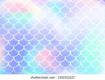 Holographic scale background with gradient mermaid. Bright color transitions. Fish tail banner and invitation. Underwater and sea pattern for girlie party. Hipster backdrop with holographic scale.