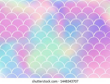 Holographic scale background with gradient mermaid. Bright color transitions. Fish tail banner and invitation. Underwater and sea pattern for girlie party. Futuristic backdrop with holographic scale.