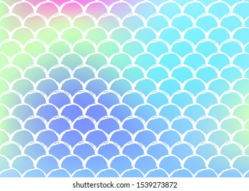 Holographic scale background with gradient mermaid. Bright color transitions. Fish tail banner and invitation. Underwater and sea pattern for girlie party. Futuristic backdrop with holographic scale.