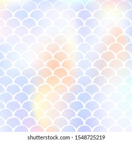 Holographic scale background with gradient mermaid. Bright color transitions. Fish tail banner and invitation. Underwater and sea pattern for girlie party. Rainbow backdrop with holographic scale.