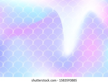 Holographic scale background with gradient mermaid. Bright color transitions. Fish tail banner and invitation. Underwater and sea pattern for girlie party. Iridescent backdrop with holographic scale.
