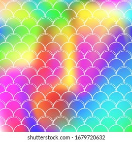 Holographic scale background with gradient mermaid. Bright color transitions. Fish tail banner and invitation. Underwater and sea pattern for girlie party. Spectrum backdrop with holographic scale.