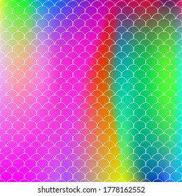 Holographic scale background with gradient mermaid. Bright color transitions. Fish tail banner and invitation. Underwater and sea pattern for girlie party. Pearlescent backdrop with holographic scale.