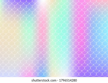Holographic scale background with gradient mermaid. Bright color transitions. Fish tail banner and invitation. Underwater and sea pattern for girlie party. Vibrant backdrop with holographic scale.