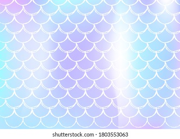 Holographic scale background with gradient mermaid. Bright color transitions. Fish tail banner and invitation. Underwater and sea pattern for girlie party. Rainbow backdrop with holographic scale.