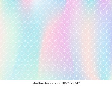 Holographic scale background with gradient mermaid. Bright color transitions. Fish tail banner and invitation. Underwater and sea pattern for girlie party. Bright backdrop with holographic scale.