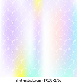 Fondo de escala holográfica con sirena de degradado. Transiciones de color luminosas. Banner de cola de pescado e invitación. Patrón submarino y marino para fiesta de niñas. Fondo retro con escala holográfica.