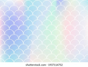 Holographic scale background with gradient mermaid. Bright color transitions. Fish tail banner and invitation. Underwater and sea pattern for girlie party. Colorful backdrop with holographic scale.