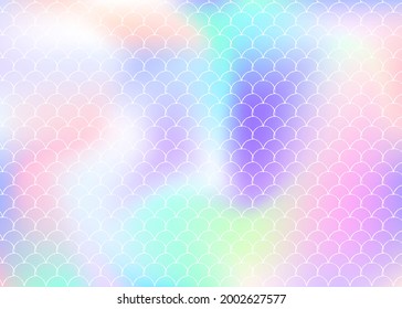 Holographic scale background with gradient mermaid. Bright color transitions. Fish tail banner and invitation. Underwater and sea pattern for girlie party. Fluorescent backdrop with holographic scale.