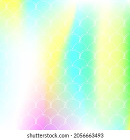 Holographic scale background with gradient mermaid. Bright color transitions. Fish tail banner and invitation. Underwater and sea pattern for girlie party. Iridescent backdrop with holographic scale.