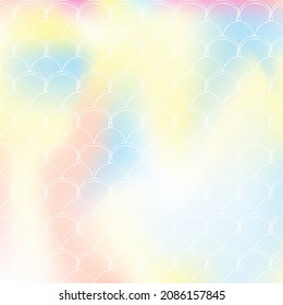 Holographic scale background with gradient mermaid. Bright color transitions. Fish tail banner and invitation. Underwater and sea pattern for girlie party. Hipster backdrop with holographic scale.