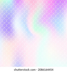 Holographic scale background with gradient mermaid. Bright color transitions. Fish tail banner and invitation. Underwater and sea pattern for girlie party. Futuristic backdrop with holographic scale.