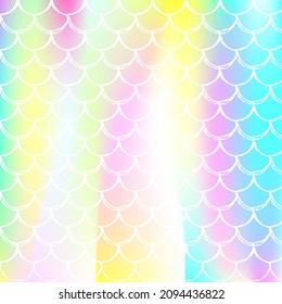 Holographic scale background with gradient mermaid. Bright color transitions. Fish tail banner and invitation. Underwater and sea pattern for girlie party. Trendy backdrop with holographic scale.
