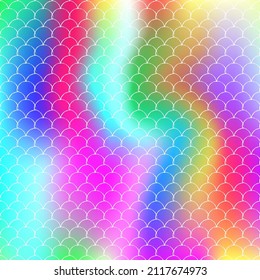 Holographic scale background with gradient mermaid. Bright color transitions. Fish tail banner and invitation. Underwater and sea pattern for girlie party. Neon backdrop with holographic scale.