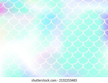 Holographic scale background with gradient mermaid. Bright color transitions. Fish tail banner and invitation. Underwater and sea pattern for girlie party. Plastic backdrop with holographic scale.