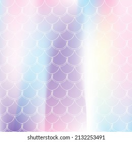 Holographic scale background with gradient mermaid. Bright color transitions. Fish tail banner and invitation. Underwater and sea pattern for girlie party. Stylish backdrop with holographic scale.