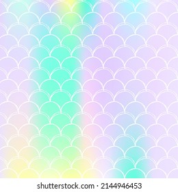 Holographic scale background with gradient mermaid. Bright color transitions. Fish tail banner and invitation. Underwater and sea pattern for girlie party. Spectrum backdrop with holographic scale.