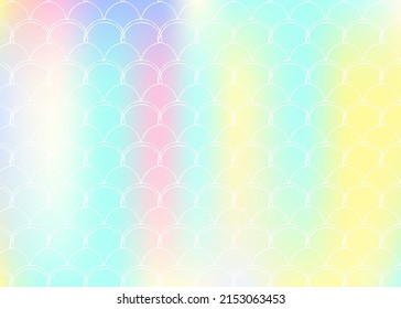 Holographic scale background with gradient mermaid. Bright color transitions. Fish tail banner and invitation. Underwater and sea pattern for girlie party. Fluorescent backdrop with holographic scale.