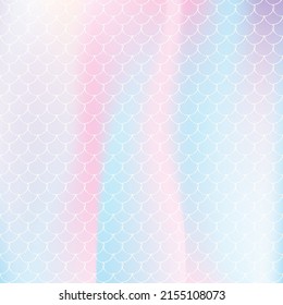 Fondo de escala holográfica con sirena de degradado. Transiciones de color luminosas. Banner de cola de pescado e invitación. Patrón submarino y marino para fiesta de niñas. Fondo plástico con escala holográfica.