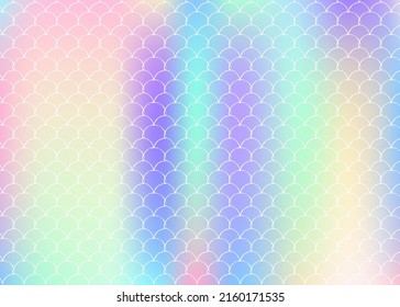 Holographic scale background with gradient mermaid. Bright color transitions. Fish tail banner and invitation. Underwater and sea pattern for girlie party. Retro backdrop with holographic scale.