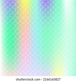 Fondo de escala holográfica con sirena de degradado. Transiciones de color luminosas. Banner de cola de pescado e invitación. Patrón submarino y marino para fiesta de niñas. Fondo colorido con escala holográfica.