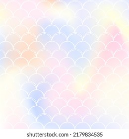 Holographic scale background with gradient mermaid. Bright color transitions. Fish tail banner and invitation. Underwater and sea pattern for girlie party. Retro backdrop with holographic scale.