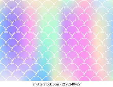 Holographic scale background with gradient mermaid. Bright color transitions. Fish tail banner and invitation. Underwater and sea pattern for girlie party. Bright backdrop with holographic scale.
