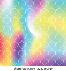 Holographic scale background with gradient mermaid. Bright color transitions. Fish tail banner and invitation. Underwater and sea pattern for girlie party. Retro backdrop with holographic scale.
