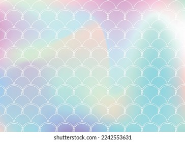 Holographic scale background with gradient mermaid. Bright color transitions. Fish tail banner and invitation. Underwater and sea pattern for girlie party. Stylish backdrop with holographic scale.