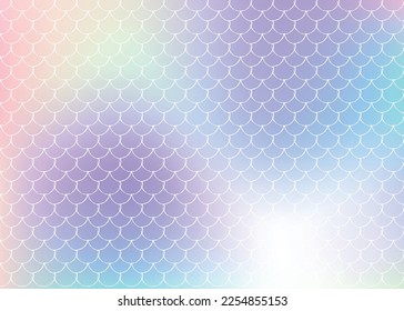Fondo de escala holográfica con sirena de degradado. Transiciones de color luminosas. Banner de cola de pescado e invitación. Patrón submarino y marino para fiesta de niñas. Fondo vibrante con escala holográfica.